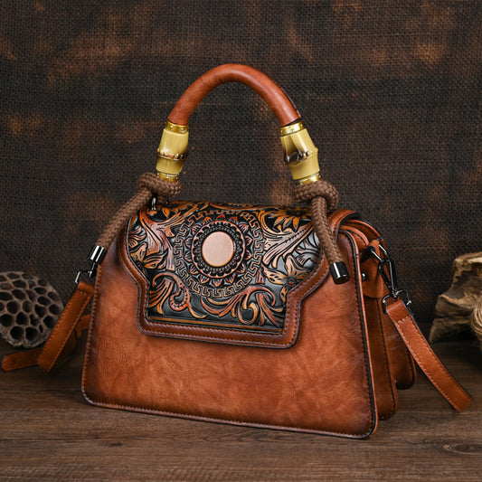 Women's Retro Artistic Style Underarm Bamboo Hemp Rope Hand-held Embossing Brush-off Bags