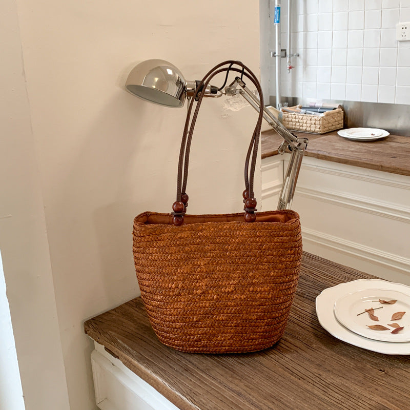 Women's Korean Fashion Woven Simple Straw Versatile Bucket Bag