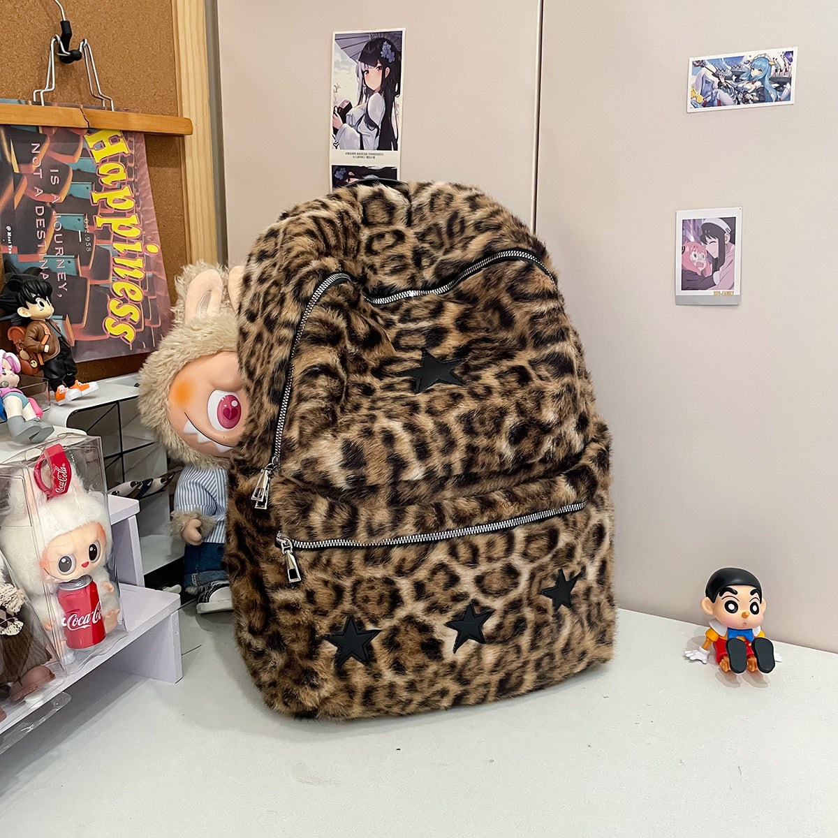 Women's Plush Large Capacity Leopard Print Cows Pattern Good-looking Fur Backpacks