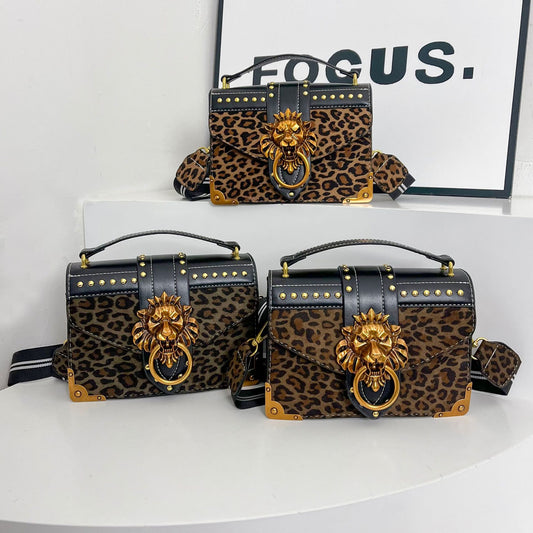 Women's Leopard Print Simple Rivet Lion's Head Women's Shoulder Bag