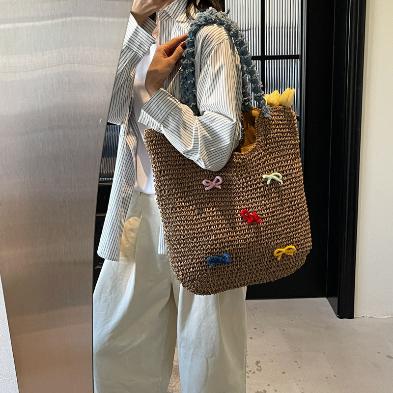 Hand-woven Cute Bow Beach Fashion Vacation Tote Bag
