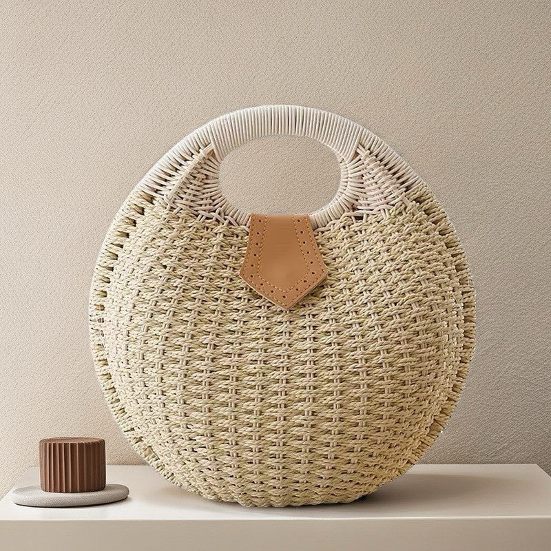 Simple Straw Style Woven Semicircle Beach Portable Round Women's Handbag