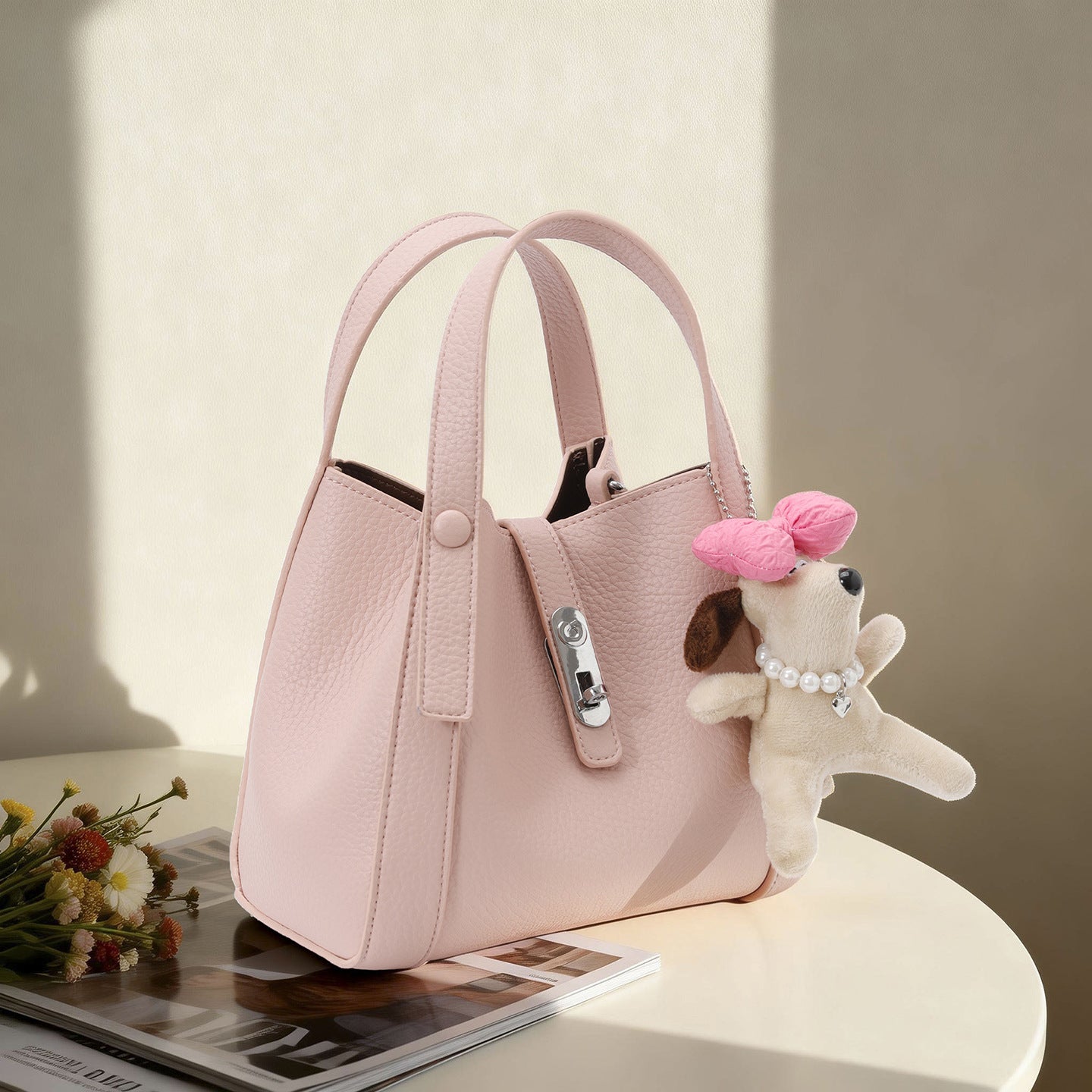 Women's Solid Color Soft Leather Niche Lychee Pattern Vegetable Basket Women's Shoulder Bag