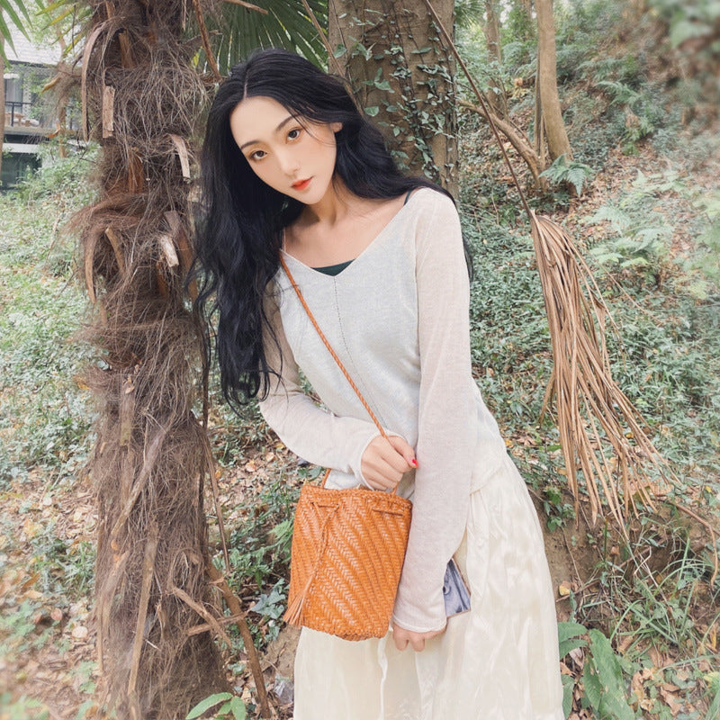 First Layer Cowhide Woven Genuine Leather Vegetable Basket Retro Bags