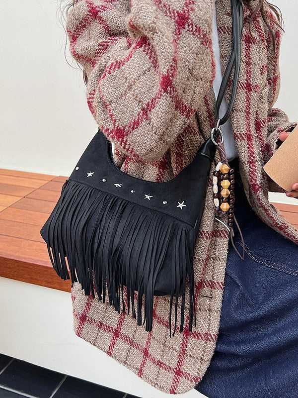 Women's Autumn Deerskin Veet Matte Tassel Retro Commuter Tote Bag