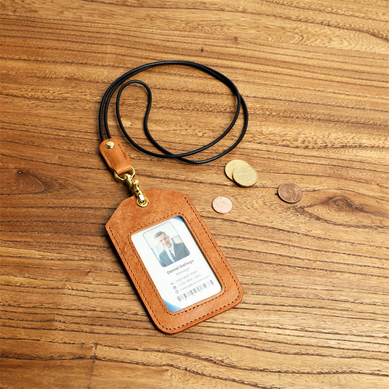 Cowhide Work Certificate With Lanyard Badge Entry Exit Permit Bus Card Pack Card Sleeve