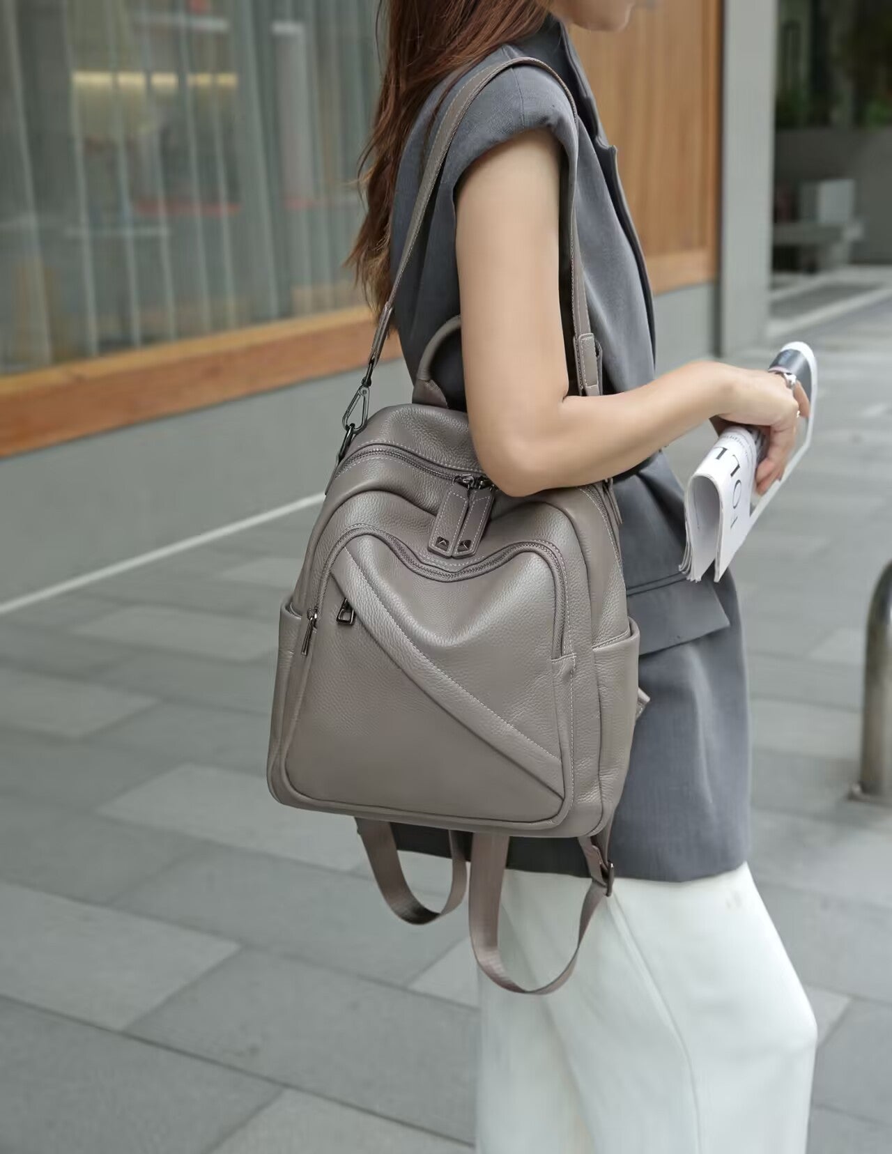 Women's Layer Leather Lychee Pattern Soft Love Embossed Design Large Women's Backpack