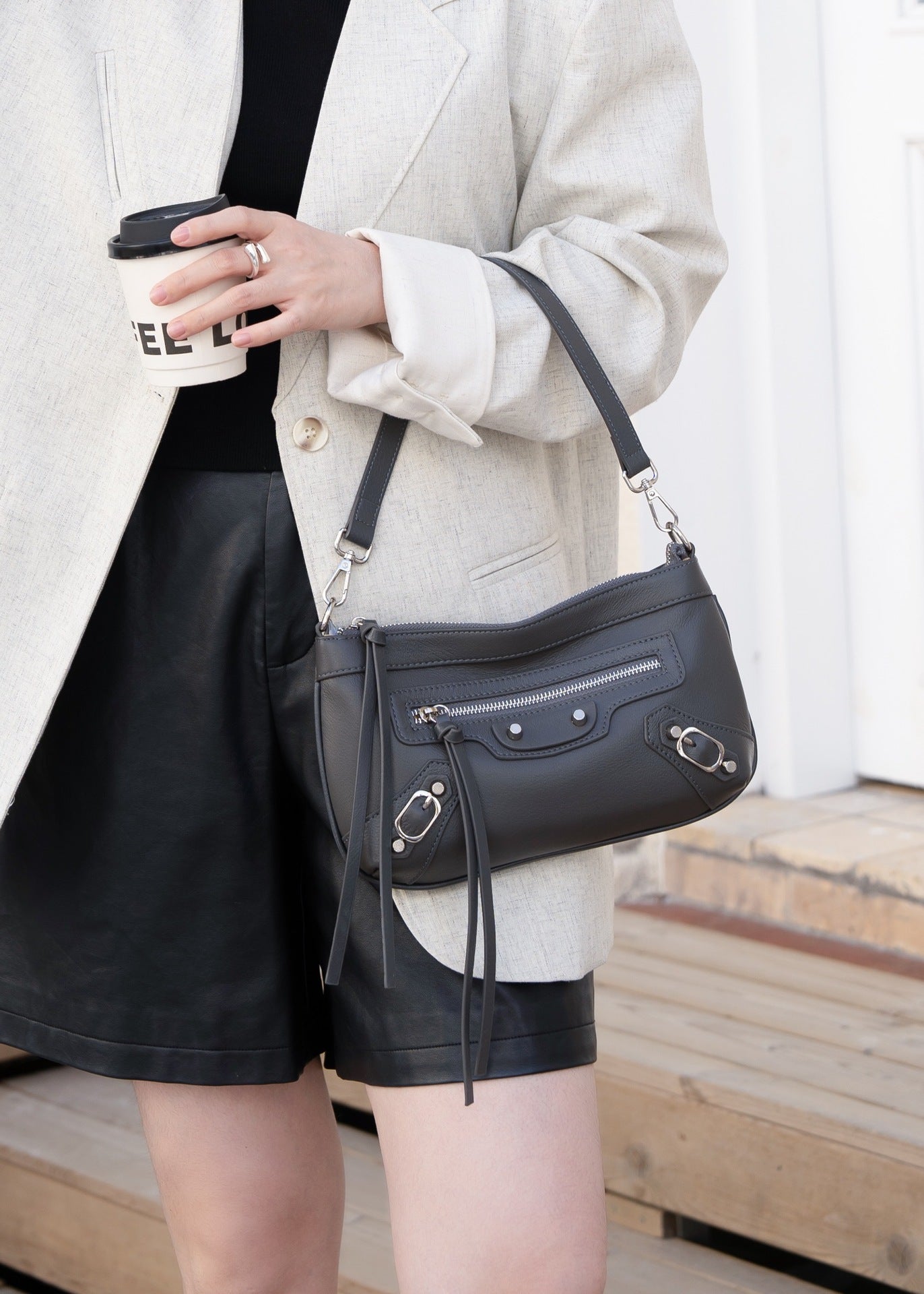 Women's Cowhide Motorcycle Underarm Retro Studded Women's Shoulder Bag