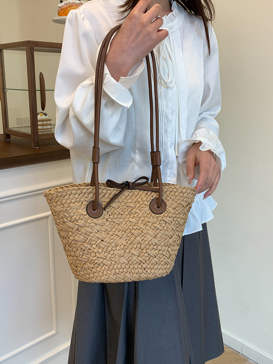 Women's Style Fashion Solid Color Woven Large Capacity Vacation Straw Vegetable Women's Shoulder Bag