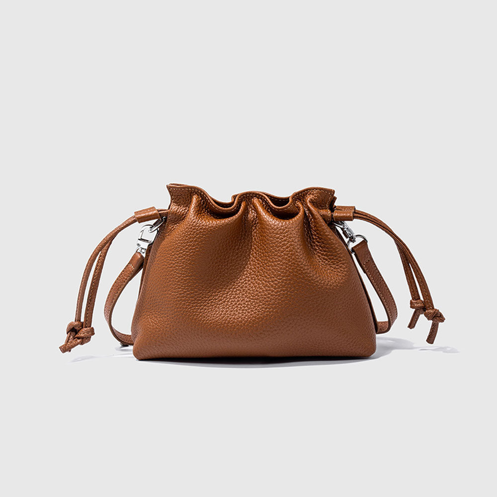 Leather Drawstring First Layer Cowhide Pleated Women's Messenger Bag