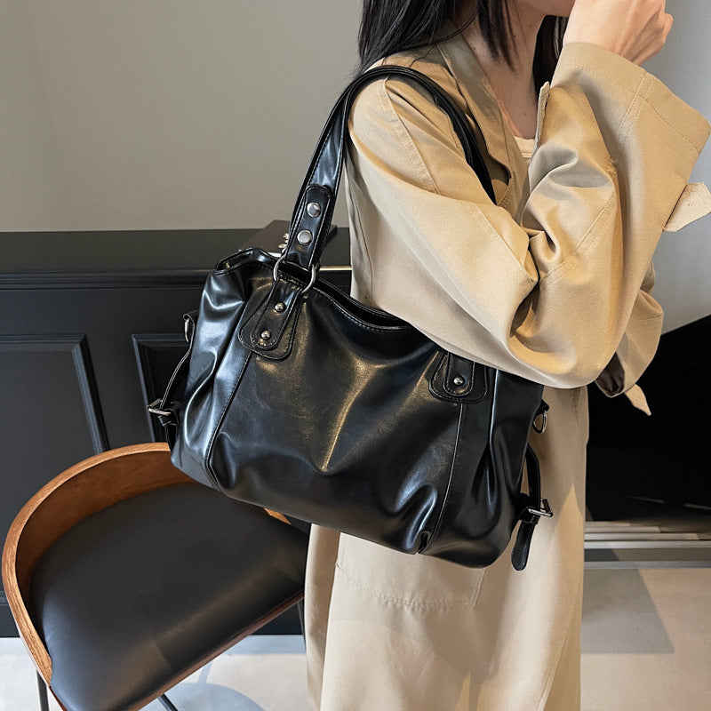 Retro Solid Color Large Capacity Soft Leather Tote Bags