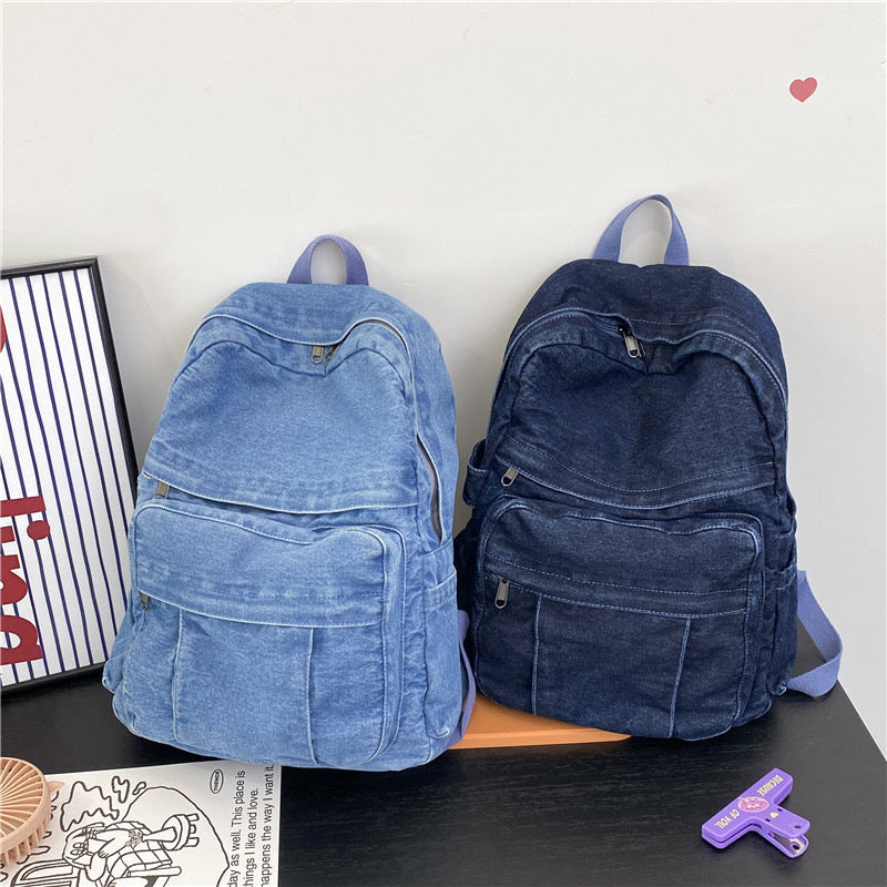 Simple Retro Denim Female Large Capacity Pure Color Women's Backpack
