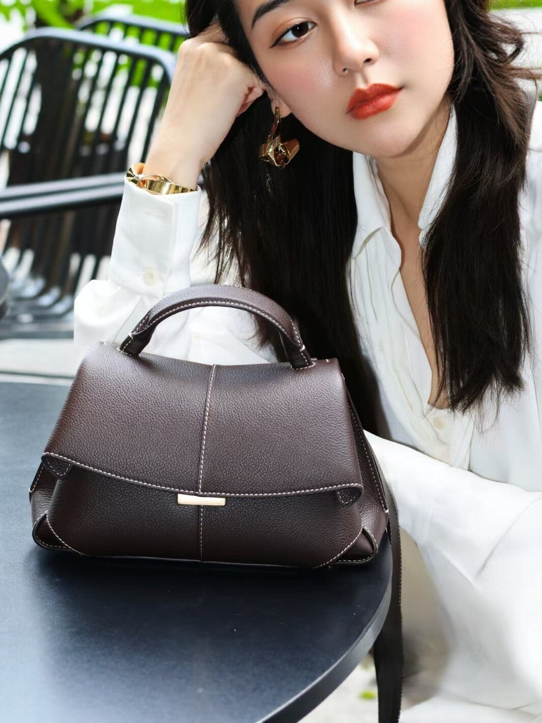Genuine Leather Lychee Pattern Portable Female Women's Messenger Bag