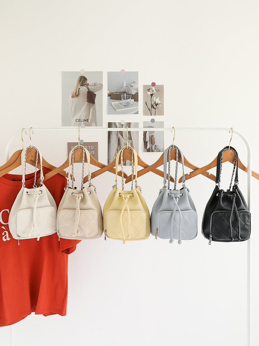 Korean Style Chain Design Drawstring Diamond Bucket Bag