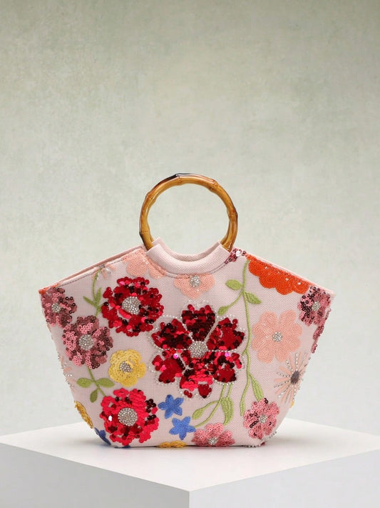 Women's Seaside Vacation Style Embroidered Three-dimensional Applique Sequined Flower Bamboo Tote Bag
