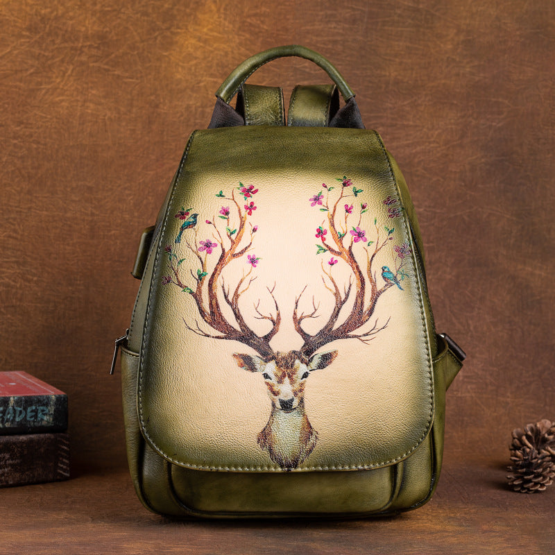 Leather First Layer Cowhide Creative Printed Yellow Brown Retro Backpacks