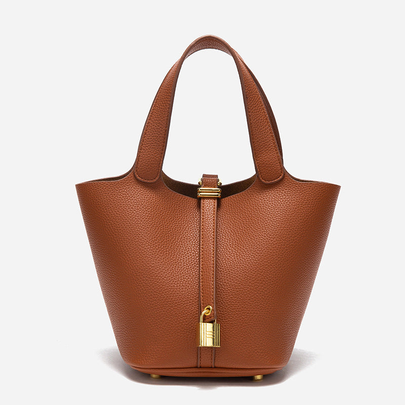 Women's Genuine Leather Simple Textured Fashion Commuter Bucket Bag