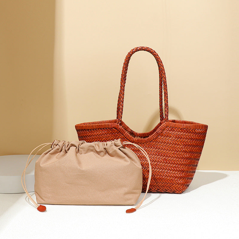 Genuine Leather Woven Large Capacity French Retro Vegetable Tote Bags