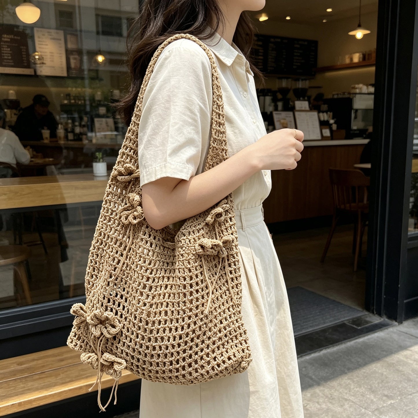 Niche Large Capacity Flower Cotton Three-dimensional Woven Summer Seaside Vacation Women's Shoulder Bag
