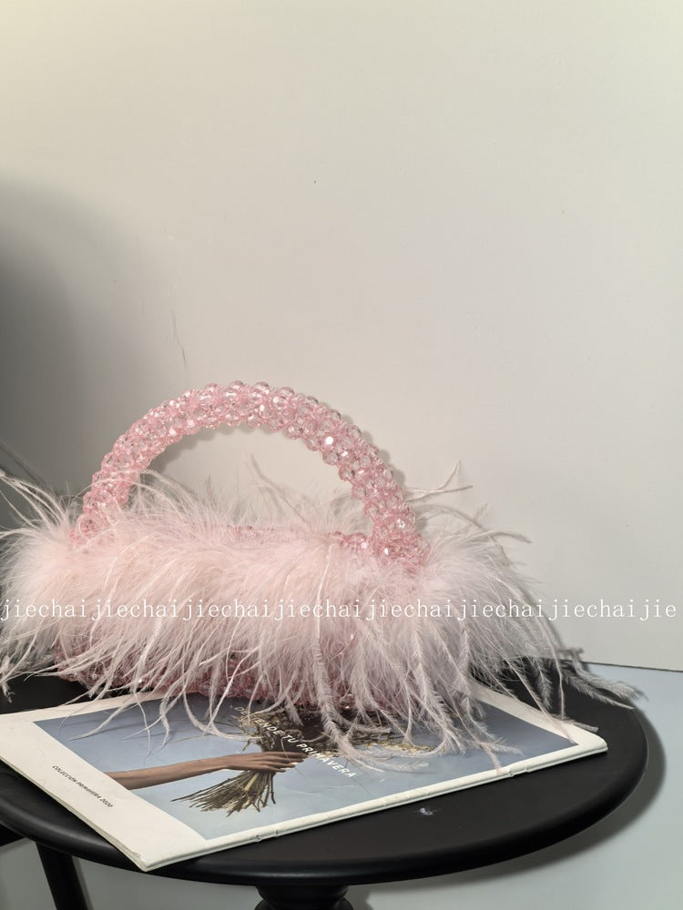 Large Ostrich Feather Handmade Beaded Dinner Party Women's Handbag