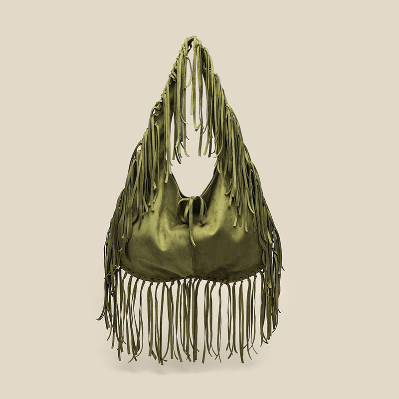 Women's Tassel Large Capacity Crescent Trendy Simple Deerskin Veet Retro Women's Shoulder Bag