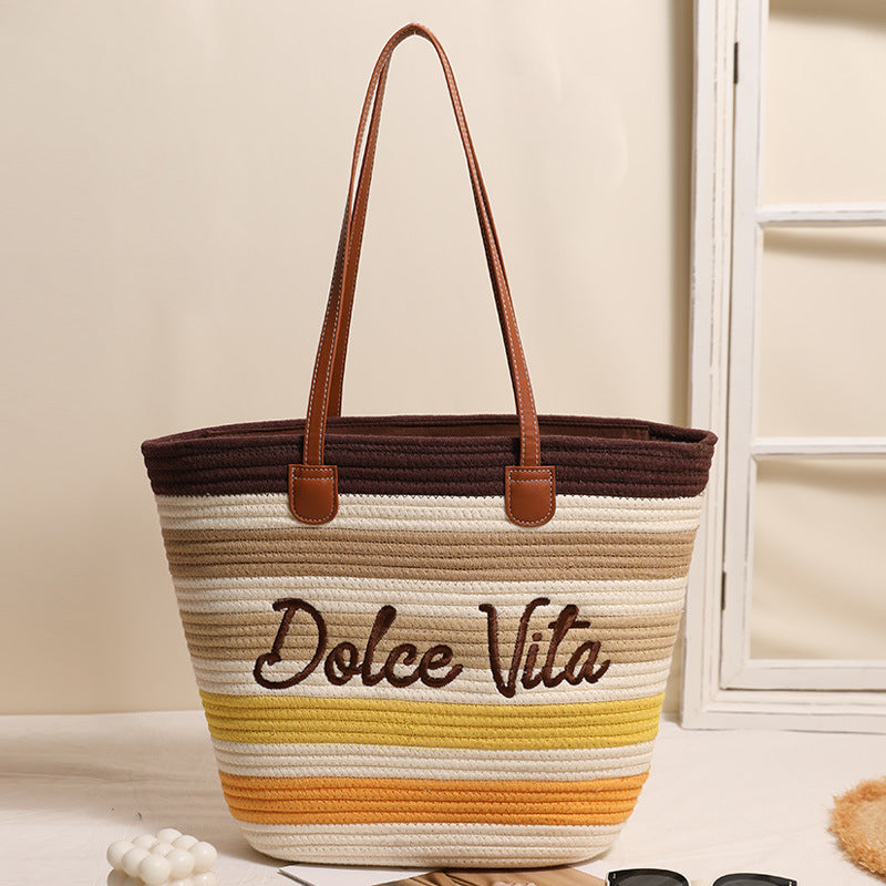 Thread Woven Large Capacity Color Straw Seaside Women's Shoulder Bag