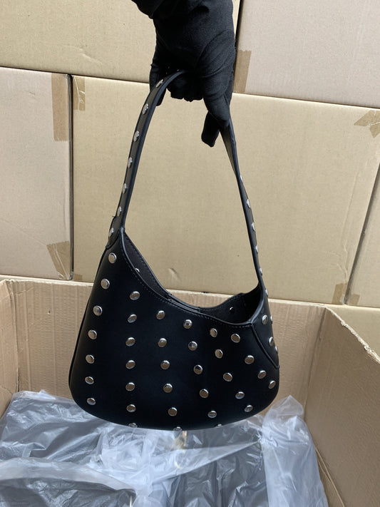Women's Spanish Rivet Underarm Black Crescent-shaped Design Bucket Bag