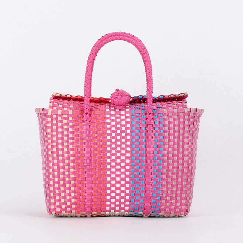 Women's Fresh Contrast Color Hand-woven Plastic Basket Beach Vacation Picnic Hand Bags