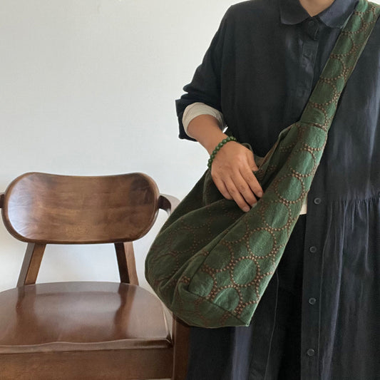 Big Ming Wind Brown Green Circle Cotton Linen Embroidered Women's Messenger Bag