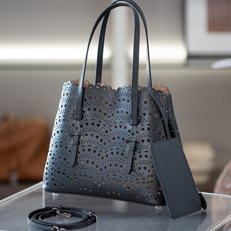 Women's Wave Hollow Carved Calfskin Vegetable Basket Fashion Son Women's Shoulder Bag