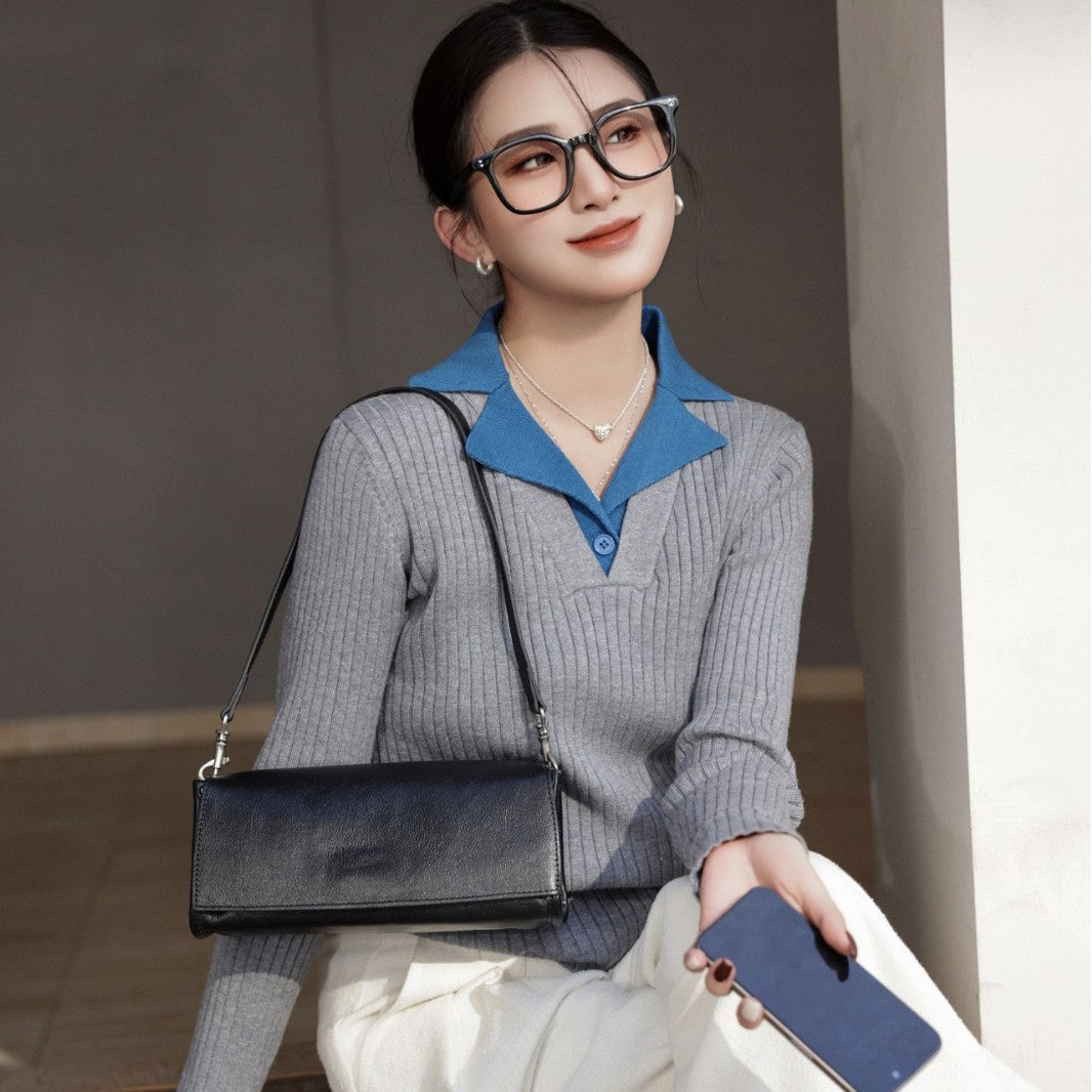 Women's Genuine Leather High-grade Baguette Design Light Underarm Bag