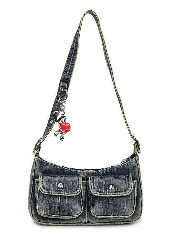 Retro Distressed Denim Little Hot Baguette Underarm Bag