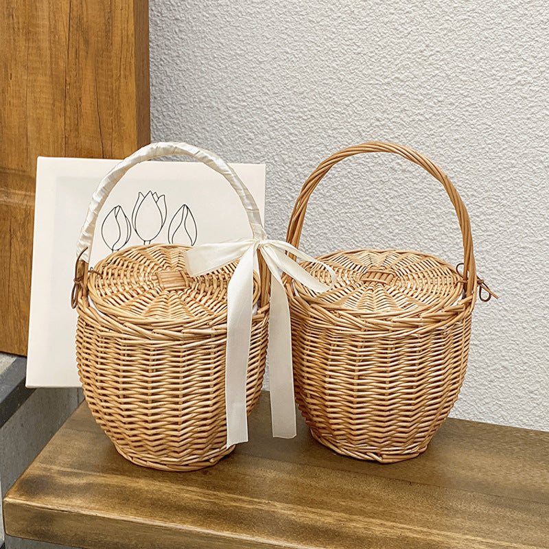 Bamboo Hand-woven French Cabas Vegetable Basket With Lid Women's Handbag