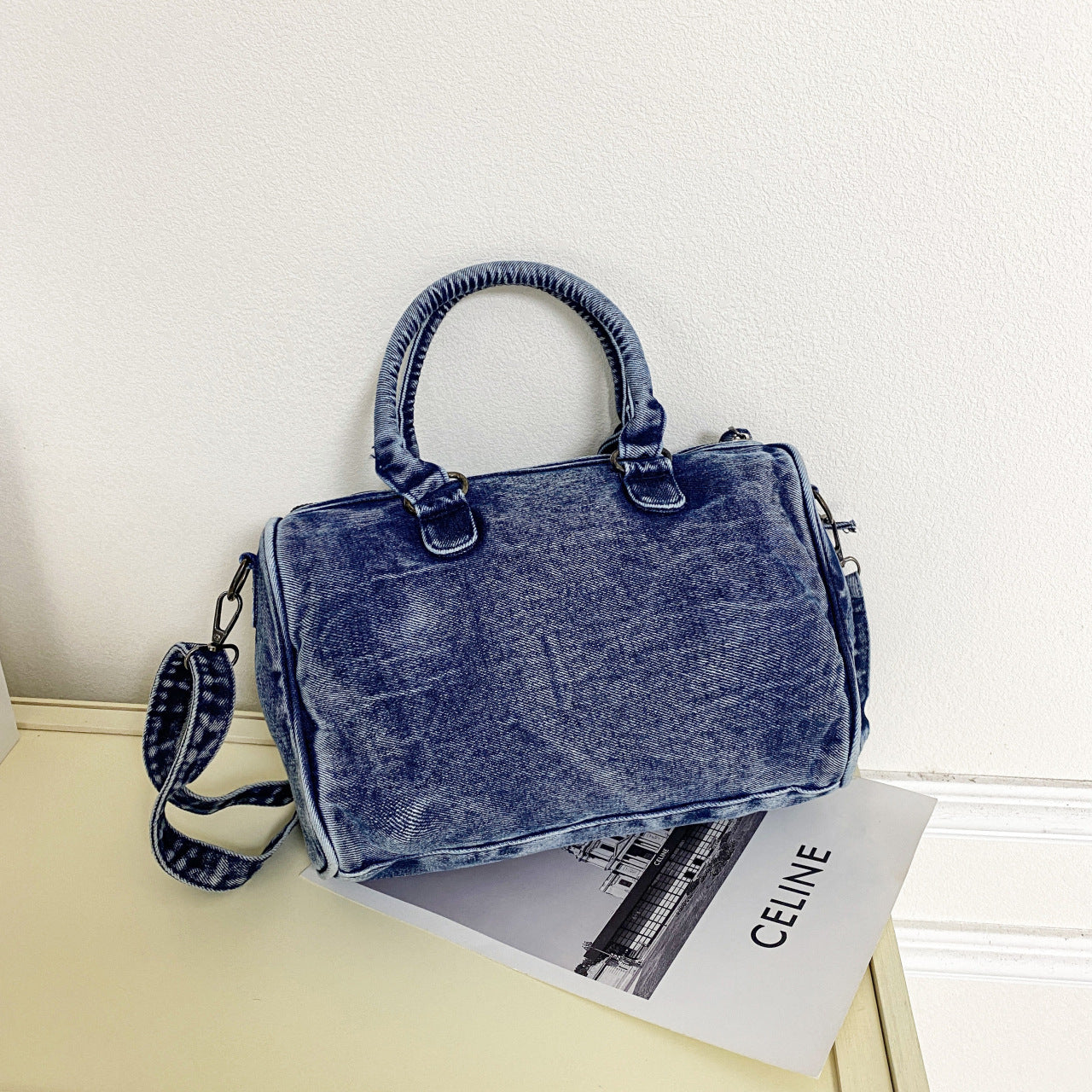 Women's Versatile Washed Denim Patchwork Large Capacity Commuter Sling Motorcycle Bags