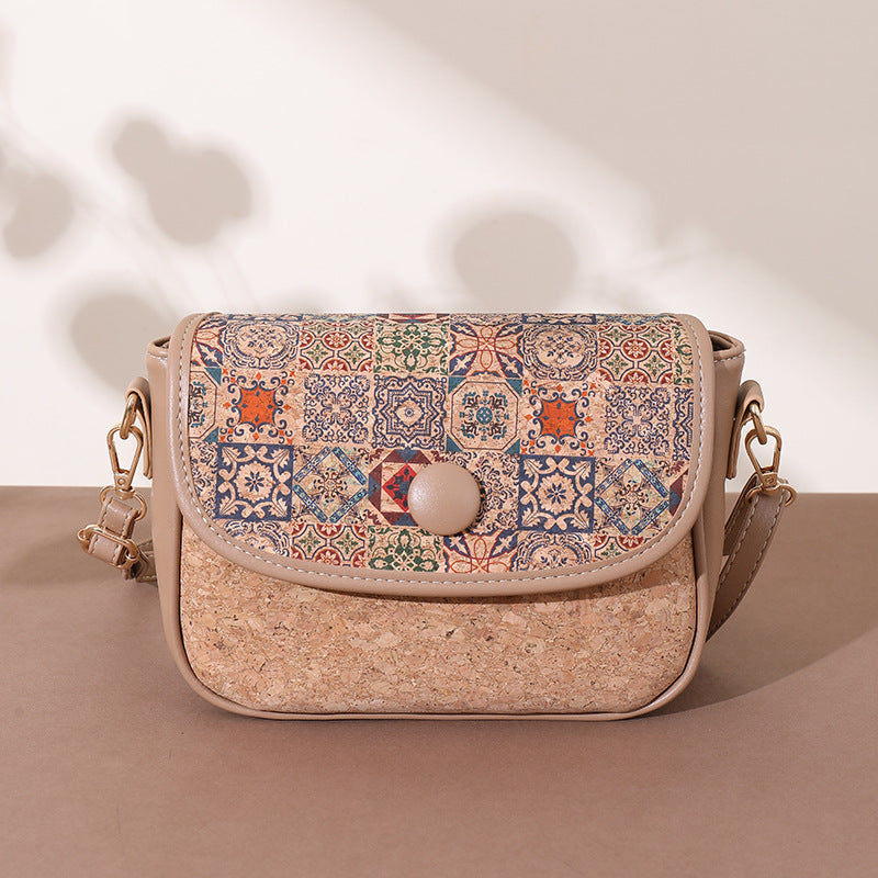 Women's Ethnic Style Pattern Cork Bark Wooden Lining Outer Simple Lightweight Women's Messenger Bag