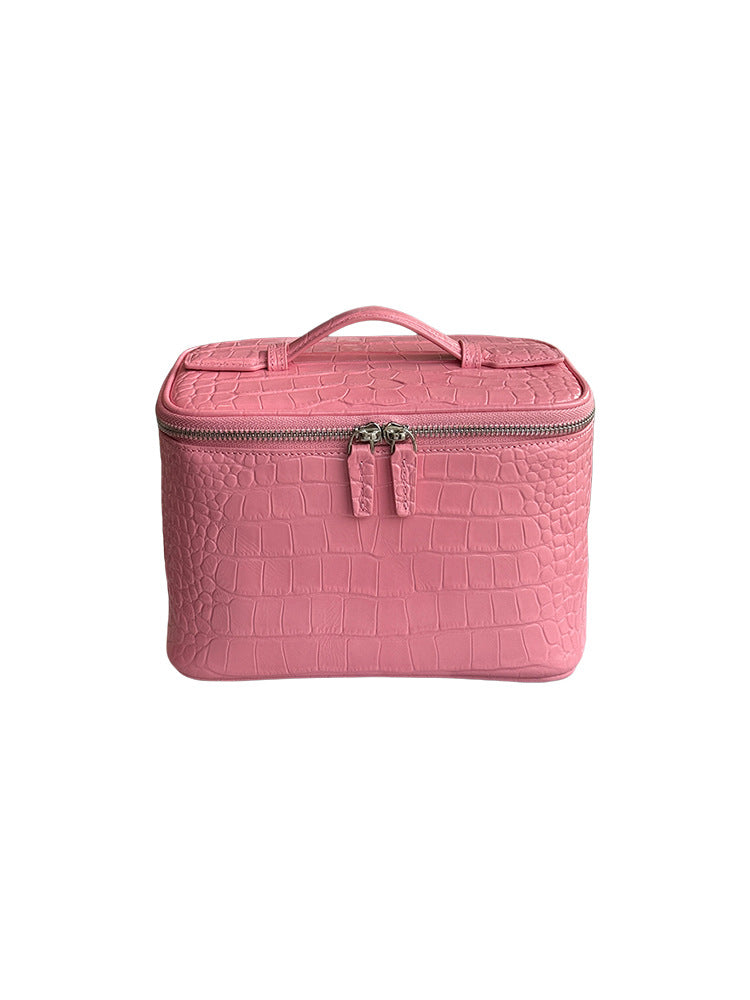 Genuine Cattlehide Leather Surface Crocodile Pattern Pink Wind Portable Storage Makeup Bag