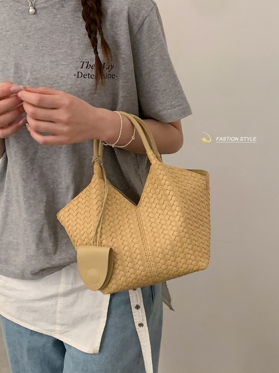 Women's Texture Large Capacity Simple Woven Vegetable Tote Bag