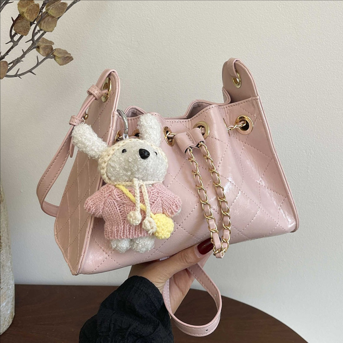 Good-looking Diamond Chain Exquisite Versatile Simple Cross Bucket Bag