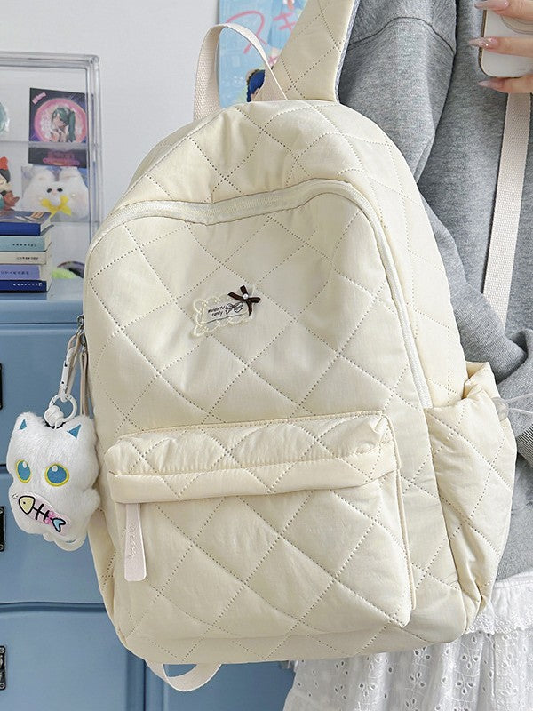 Soft Sticky White Pinch Cotton Rhombus Cute Leisure Backpack
