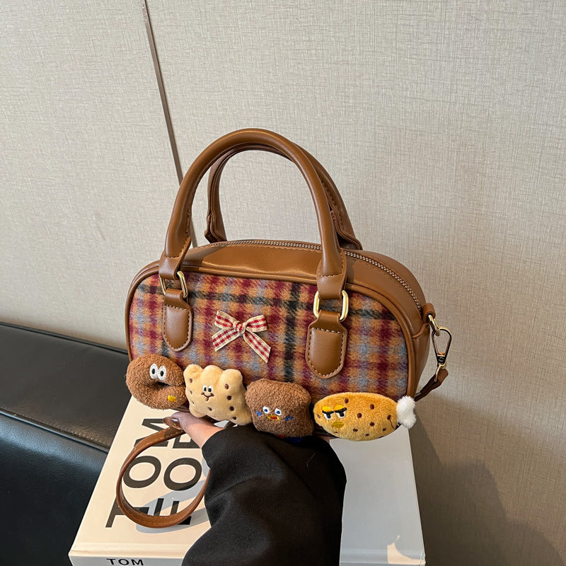 Women's Suede Woolen Check Pattern Niche Retro Handbags