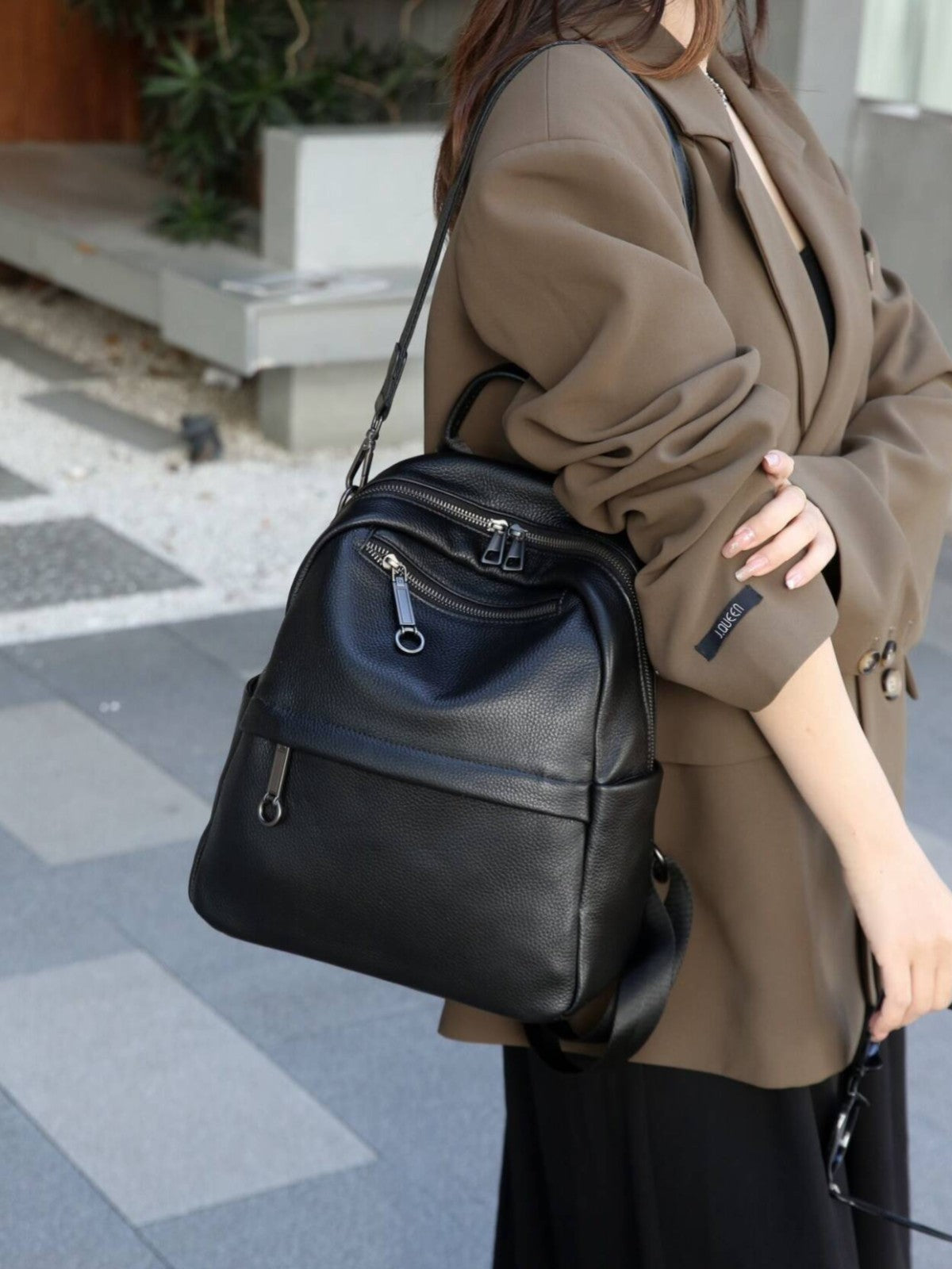 Women's First Layer Cowhide Lychee Pattern Brown Backpacks