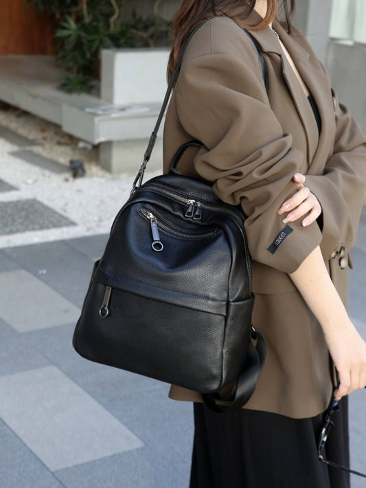 Women's First Layer Cowhide Lychee Pattern Brown Backpacks