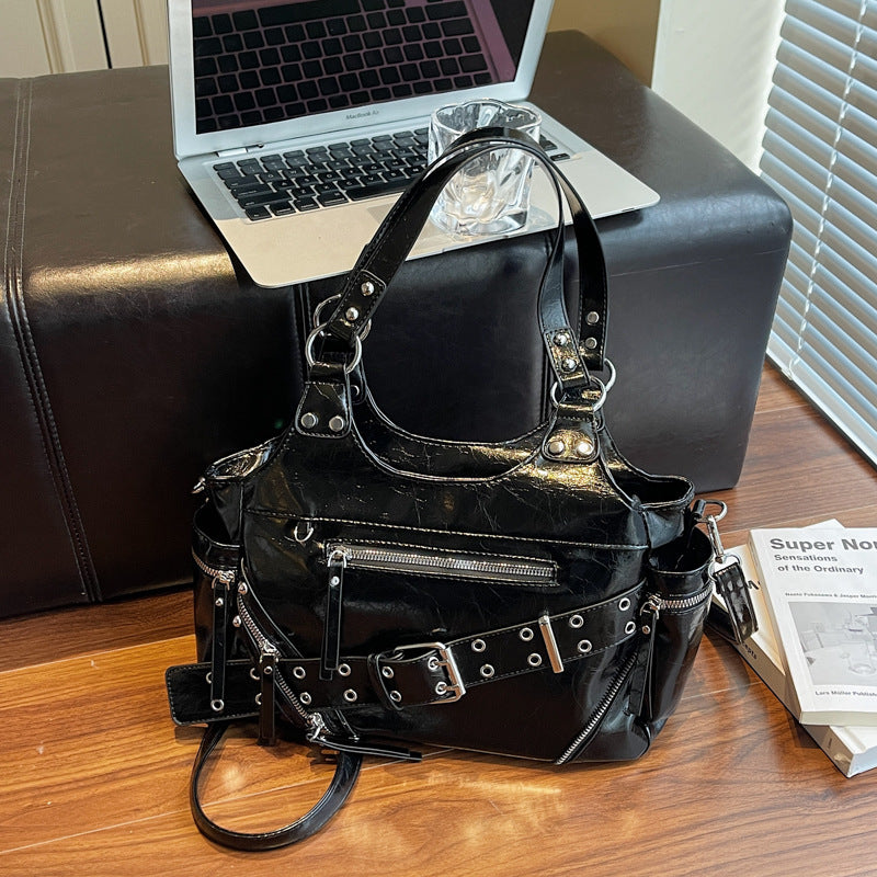 Retro Rivet Motorcycle Large Capacity Textured Women's Shoulder Bag