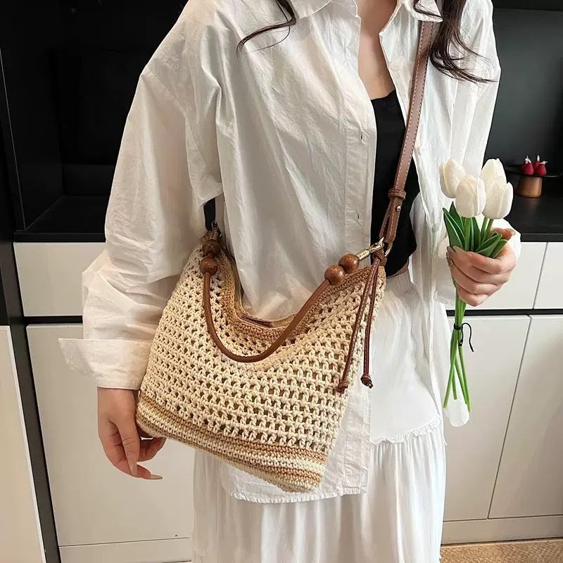 Style Cotton Thread Weaving Hollow Trendy Korean Beaded Straw Woven Women's Shoulder Bag