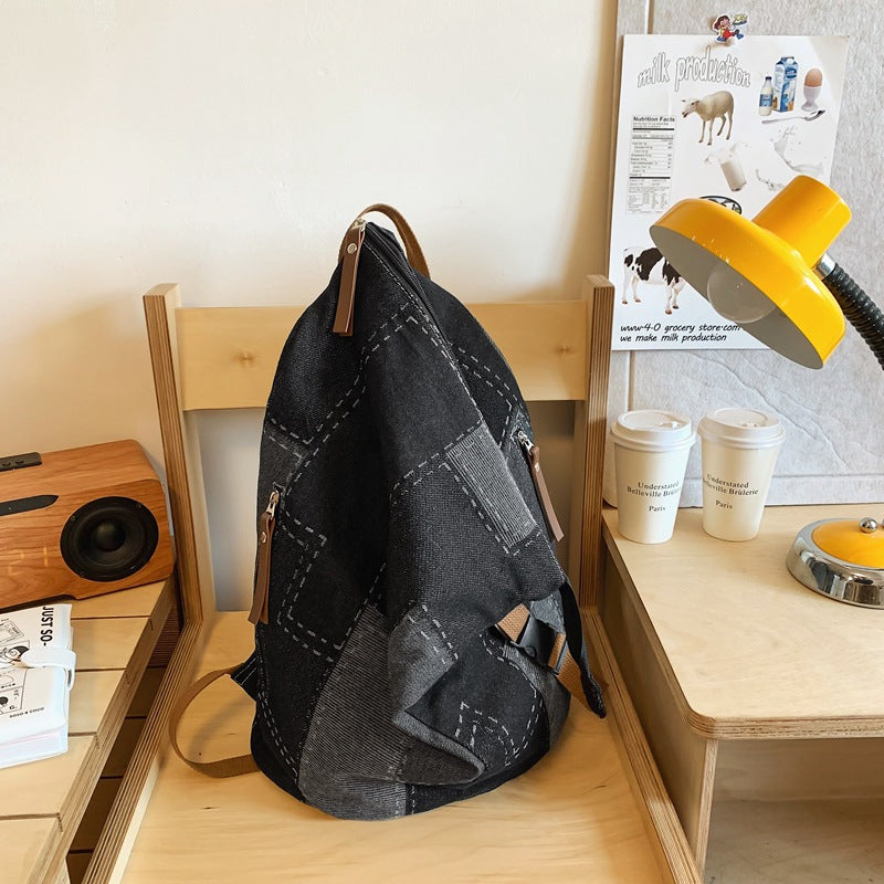 Personality Folding Denim Contrast Color Large Capacity Korean Style Backpacks