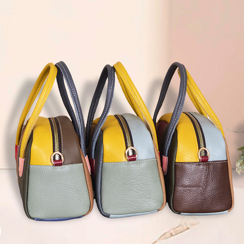 Women's First Layer Cowhide Fashion Retro Patchwork Contrast Women's Handbag