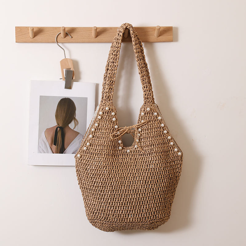 High-grade Large Capacity Straw Fashion Imitation Pearl Women's Shoulder Bag