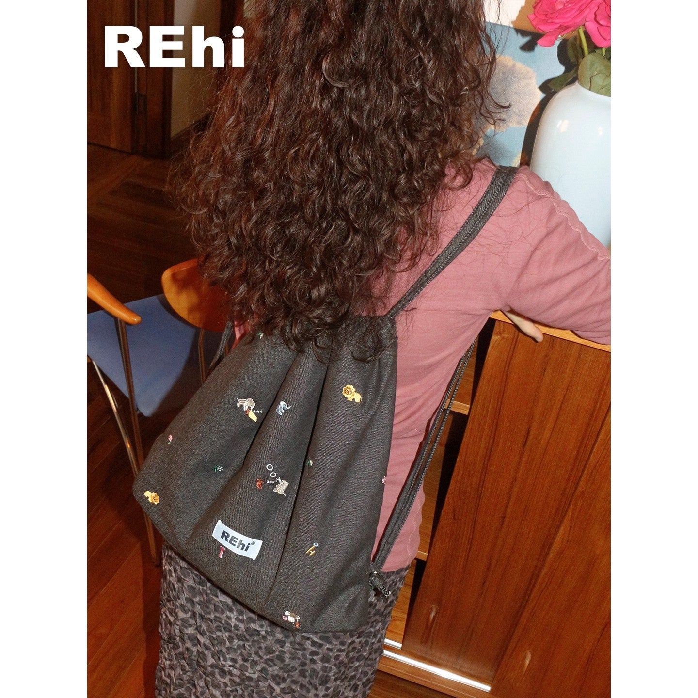 Forest Party Funny Embroidery Denim Drawstring Backpacks