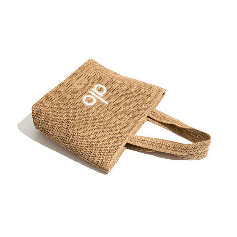 Women's Portable Letter Embroidery Hand Carrying Straw Woven Seaside Tote Bag