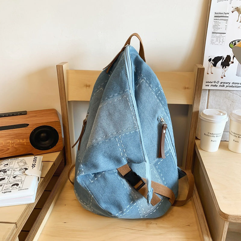 Personality Folding Denim Contrast Color Large Capacity Korean Style Backpacks